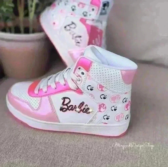 Bling Girls Barbie Pink High Top Sneakers Made with Black Crystals Girls Shoes - Picture 7 of 8
